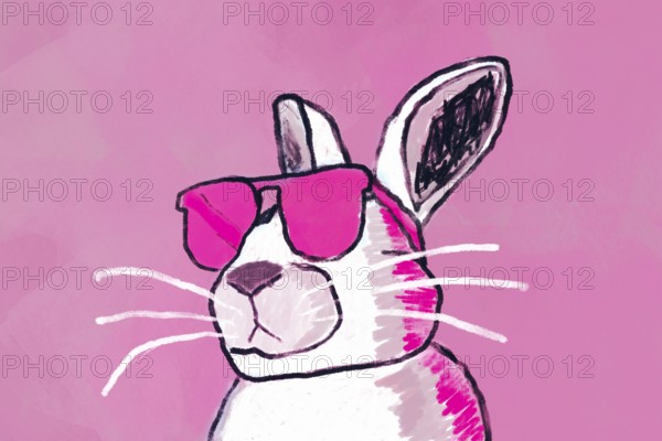 A stylish poster of a rabbit wearing pink sunglasses set against a bold pink background. This playful and vivid image is perfect for adding a whimsical touch to any room or design project