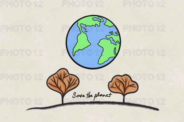 Illustration of planet Earth above two stylized trees, emphasizing the message Save the planet Symbolic representation of environmental conservation