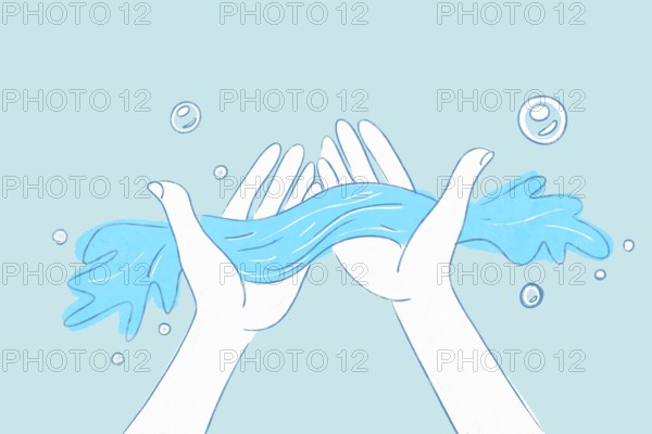 A digital health illustration portraying hands immersed in flowing water, emphasizing hygiene and wellness Ideal for health education or promoting good habits