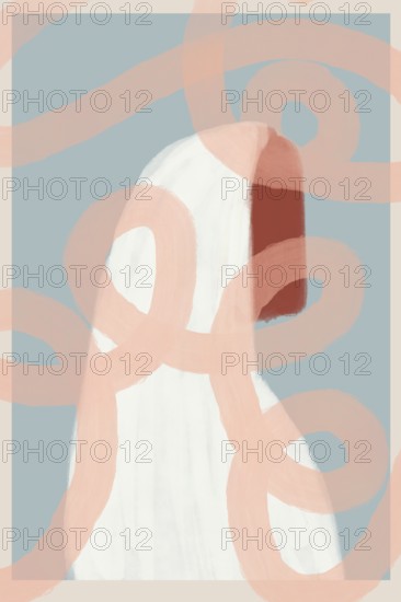 Abstract illustration featuring a mysterious, ghost-like figure enveloped in pastel-toned shapes, creating an enigmatic atmosphere