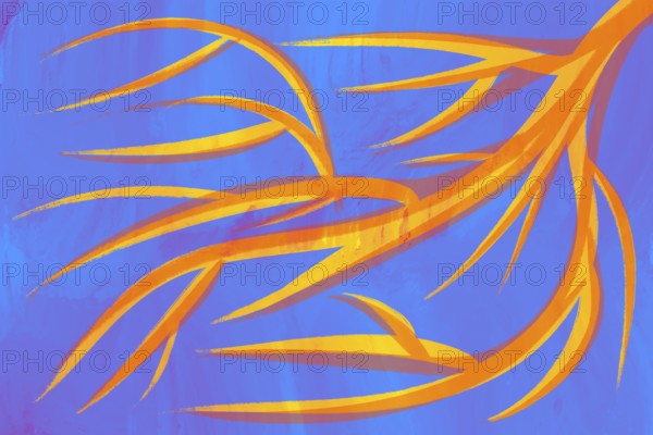 A dynamic illustration featuring vibrant orange branches against a contrasting blue background The abstract style captures movement and energy, creating a striking visual effect