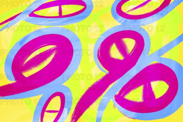 This energetic illustration features vivid abstract patterns in pink, blue, and yellow Dynamic curves and vibrant colors create a lively and modern artistic expression