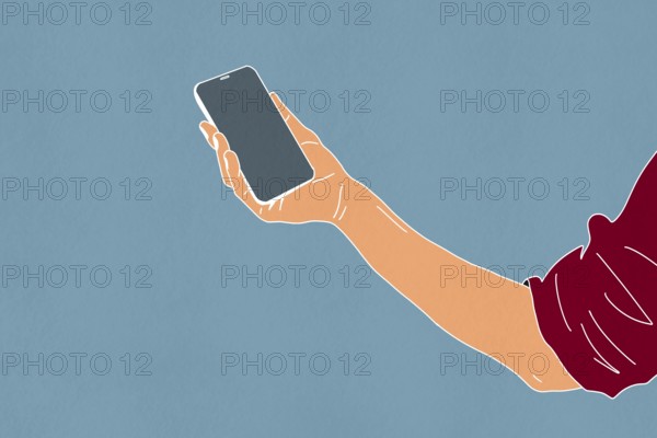 A minimalist illustration showcases a hand holding a smartphone against a simple blue background The design emphasizes technology and modern communication in a clean, artistic style