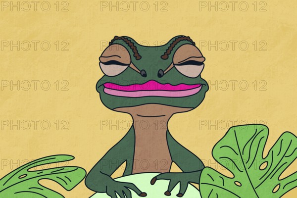 A playful cartoon frog with exaggerated pink lips and sleepy eyes sits on a leafy background The colorful illustration conveys a whimsical and humorous vibe perfect for creative projects