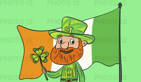 A vibrant illustration depicting a joyful leprechaun holding a shamrock and standing before an Irish flag, celebrating Saint Patrick's Day with a look of happiness
