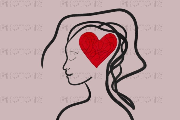 This artistic illustration depicts a silhouette with a heart in the mind, symbolizing the connection between mental and emotional health Elegant lines convey a sense of harmony