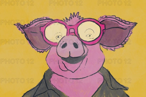 A whimsical illustration of a pink cartoon pig wearing large round glasses, set against a vibrant yellow background. This playful image captures a joyful and humorous expression