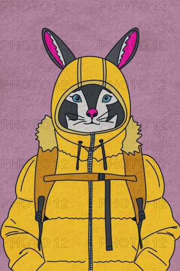 A whimsical illustration of a rabbit wearing a yellow hooded jacket and backpack The playful design features vivid colors and detailed textures, creating a charming and humorous character