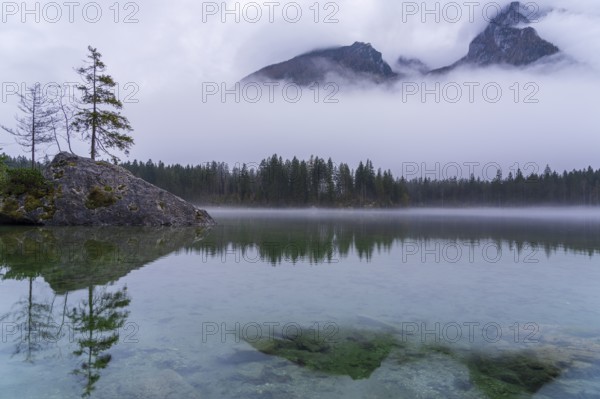 A quiet morning at Hintersee, with mist over the lake reflecting trees and mountains The tranquility of the landscape captures the essence of the natural beauty of the Bavarian Alps