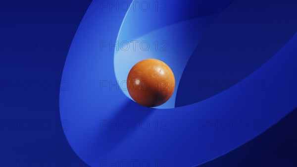 An orange sphere balances on blue geometric forms, creating a striking juxtaposition in an abstract 3D space that captivates the eye