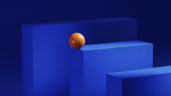 An orange sphere rests on a series of blue geometric shapes, showcasing a striking contrast in an abstract three-dimensional design