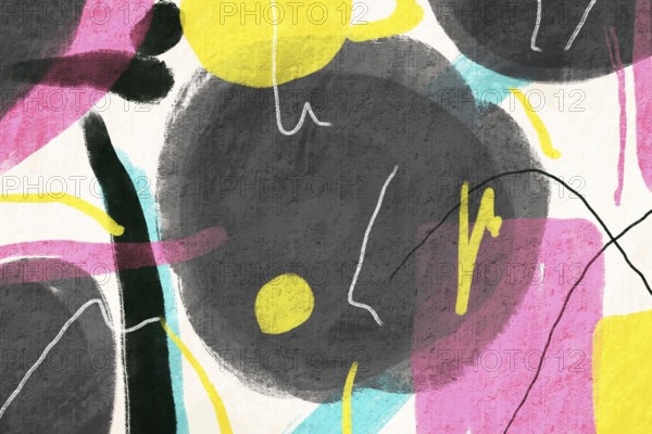 Artistic abstract design featuring dark textured circles surrounded by vibrant strokes of pink, yellow, and teal, with dynamic white and black lines across the composition