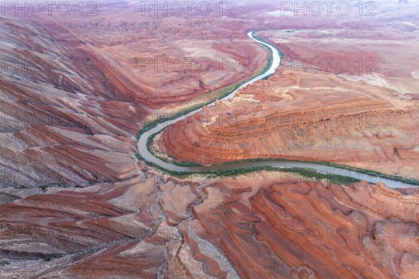 Aerial view of the serpentine Rio San Juan meandering through the stark red canyon landscapes of Utah, USA, showcasing dramatic natural contrasts