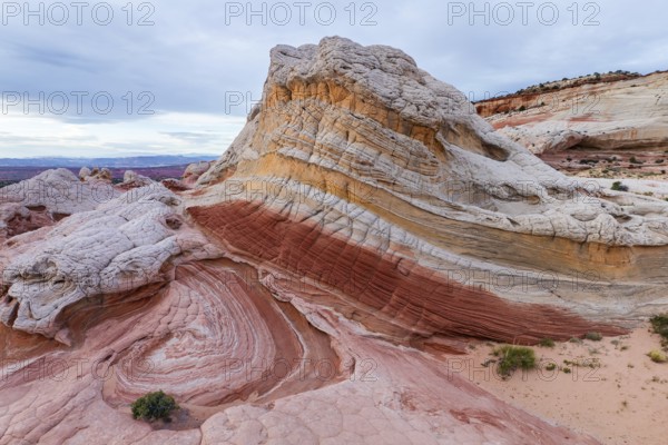 Striking natural sandstone formations showcase swirling patterns and vibrant contrasting colors in the remote White Pocket region of Arizona, USA. The landscape presents fascinating geological textures against a skyline tinged with subtle hues