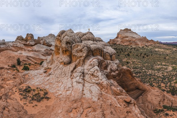 Unrecognizable person standing on a unique rock formation at White Pocket, Arizona, USA, overlooking a vast landscape of textured rocks and distant hills under a cloudy sky