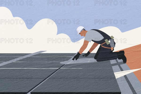 A technician is securely installing solar panels on a rooftop under a clear blue sky. The focus is on renewable energy solutions for a sustainable future
