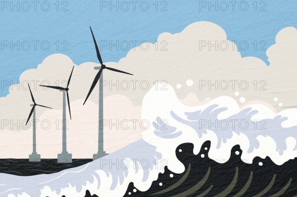Wind turbines rise above ocean waves, showcasing renewable energy technology in a harmonious balance with nature's forces under a bright sky