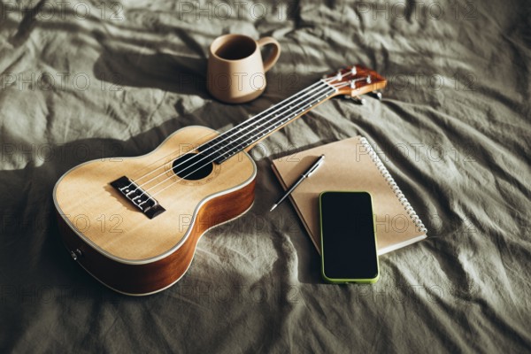 A warm morning scene featuring a ukulele, notebook, pen, smart phone, and coffee cup placed on a cozy bed setting, suggesting relaxation and creativity