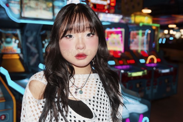 Asian Gen Z girl explores a vibrant arcade, surrounded by colorful lights and games Her expressive style and youthful energy capture the fun of the lively environment