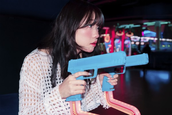 An Asian Gen Z girl fully immersed in the vibrant atmosphere of an arcade She is playing a game with intensity, surrounded by colorful neon lights and retro game machines