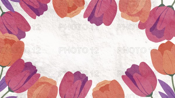 Colorful tulips in pink, purple, and orange surround a blank space, celebrating the beauty of spring. The illustration captures the essence of blooming flowers in a playful design