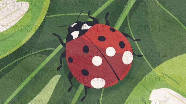 A bright red ladybug adorned with white spots rests on lush green leaves. The vibrant illustration captures the essence of spring, highlighting new life and colors in nature