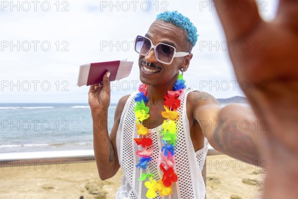 LGBTQIA+ man with colorful accessories joyfully preparing for a summer holiday. Beach scene evokes freedom and celebration, emphasizing pride and happiness