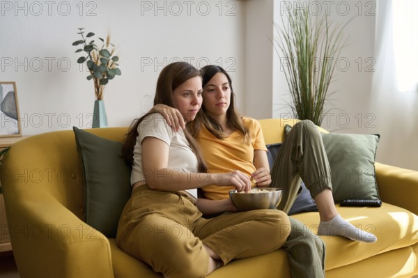 A lesbian couple relaxes on a yellow sofa, sharing popcorn and enjoying a quiet, intimate moment at home The sunlight filters in, creating a warm atmosphere