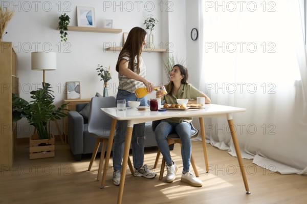 A warm scene features a lesbian couple sharing a delightful breakfast in their cozy dining room The bright interior and natural light create a peaceful, loving atmosphere