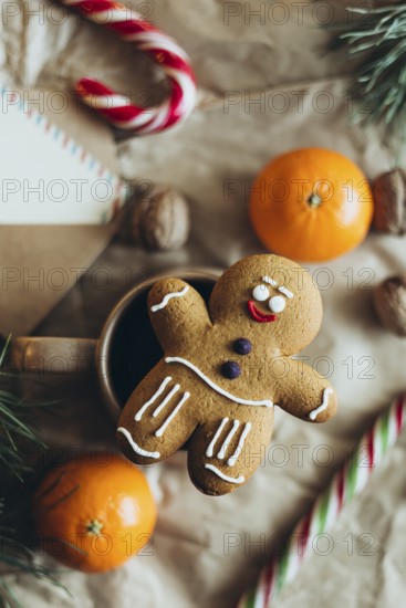 A festive gingerbread man cookie surrounded by holiday decorations, including candy canes and tangerines, evokes the warm and cheerful spirit of Christmas celebrations