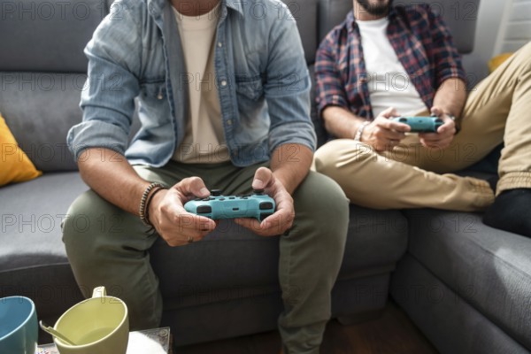 A gay couple sits on a couch, immersed in a video game. They both hold controllers, wearing casual clothes, with mugs nearby on a table, illustrating a cozy, relaxed atmosphere
