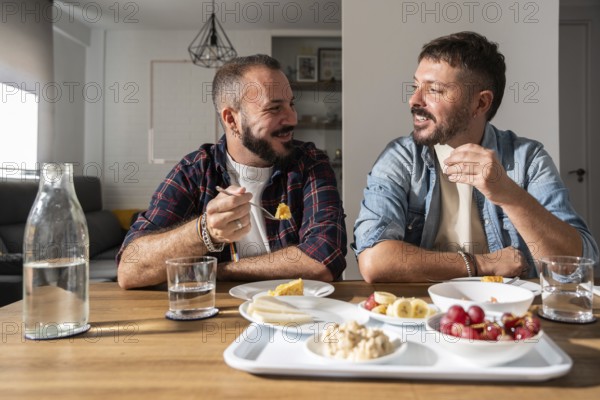 A happy gay couple sits together in a bright dining room, sharing a meal and enjoying each other's company in a relaxed home environment