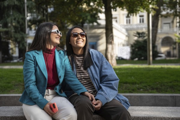 A latin lesbian couple sitting on a bench, smiling and holding hands. They wear sunglasses and casual outfits, enjoying a sunny day in a city park surrounded by greenery