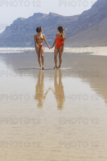 Lesbians walk hand in hand along a pristine beach, their reflections in the wet sand creating symmetry. The backdrop of mountains and gentle waves adds to the serenity