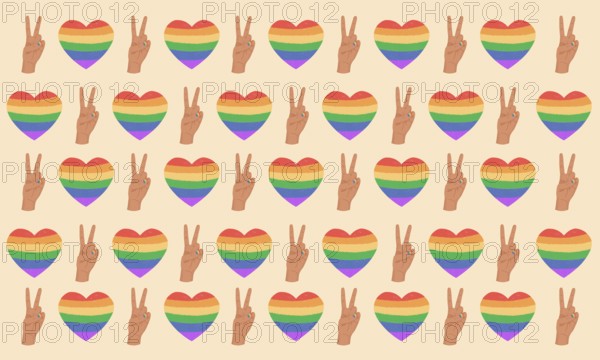 A seamless pattern featuring rainbow hearts and peace signs on a soft beige background, symbolizing love, peace, and diversity. Perfect for Pride celebrations and inclusive designs