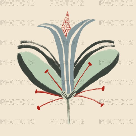 Unique artistic illustration showcasing an abstract flower with vibrant greens and reds, set against a soft beige background