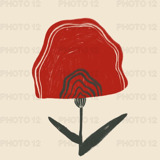 A minimalist illustration depicting an abstract red flower with layered petal details and a simple black stem, set against a soft beige backdrop