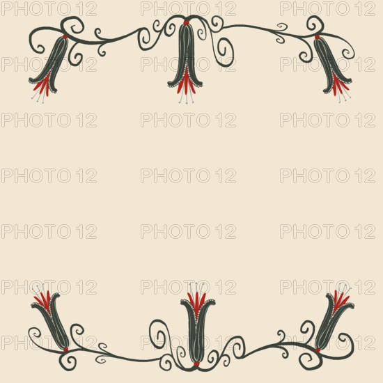 This artistic floral illustration features elegant black vines with intricate red and white flower ends, set against a soft beige background