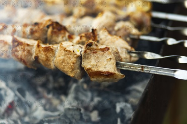 Close-up of juicy, chunky kebabs sizzling on skewers over a smoky grill at a bustling street fair, showcasing the delicious art of outdoor food preparation