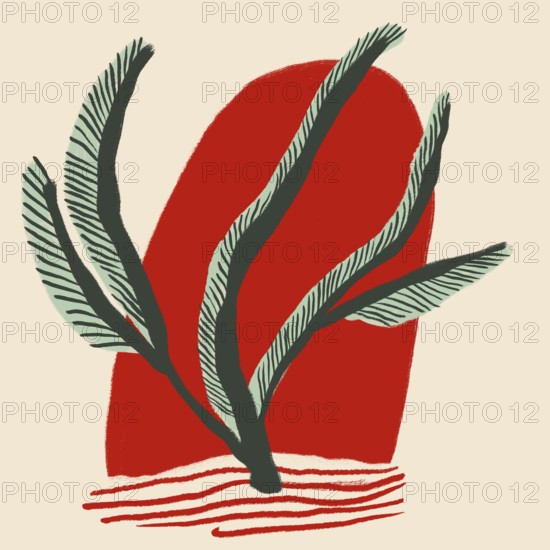 Artistic illustration featuring stylized green plants against a contrasting red background, showcasing a modern and abstract approach to botanical art