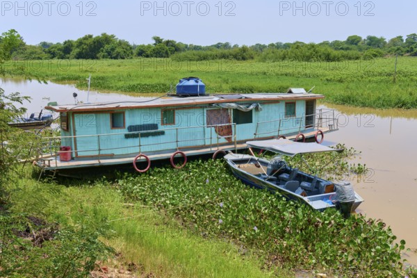 A houseboat parks on the riverbank next to a small boat surrounded by aquatic plants, Porto Jofre, Pantanal, Mato Grosso, Brazil