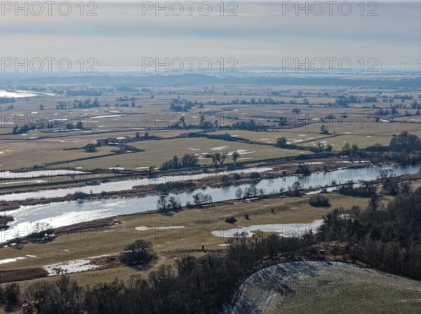 Ice and snow-covered foothills of the Oder in the Lower Oder Valley National Park. aerial view. Stützow, Uckermark, Brandenburg, Germany