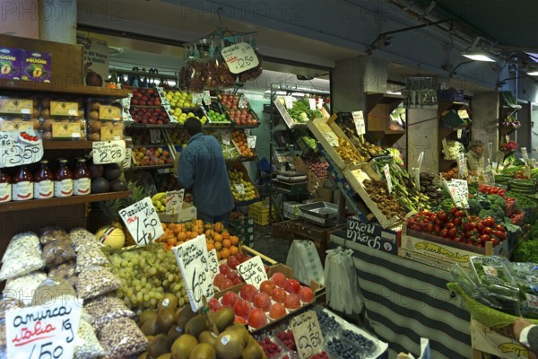Fruit and vegetable stand at the rialto market in the San Polo district, Venice, Veneto, Italy