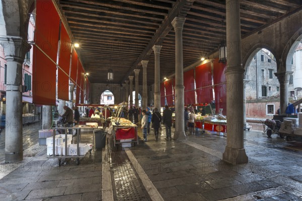 Fish fruit and vegetable market, Rialto market in the San Polo district, Venice, Veneto, Italy
