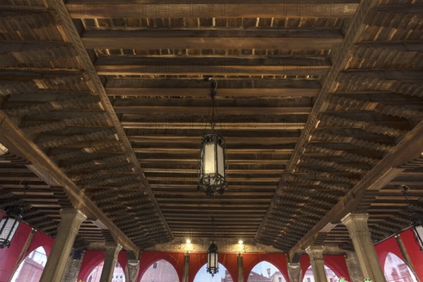 Historic wooden ceiling from the fish market, Rialto market in the San Polo district, Venice, Veneto, Italy
