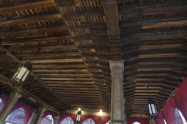 Historic wooden ceiling from the Rialto market in the San Polo district, Venice, Veneto, Italy