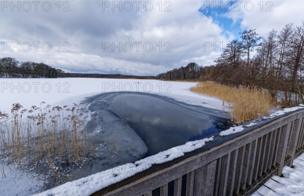 View of the church lake covered with ice and snow on the bridge tour, a hiking trail with a wooden bridge, in the UNESCO Schaalsee Biosphere Reserve. Zarrentin, Mecklenburg-Western Pomerania, Germany