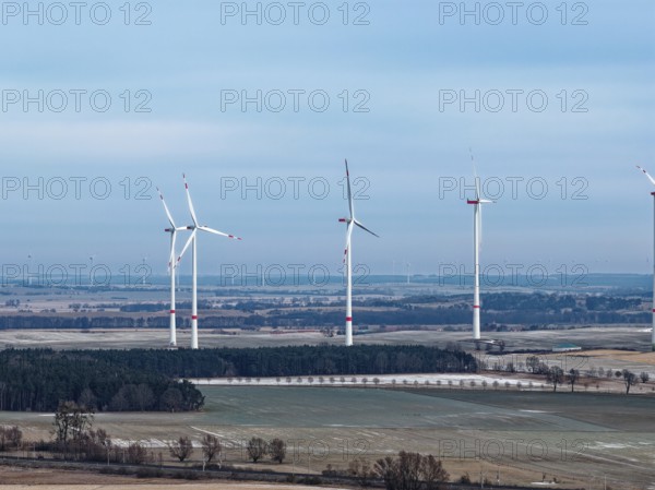 Blumberger Mühle fish ponds, covered with snow and ice, in the UNESCO biosphere reserve Schorfheide-Chorin. aerial view. Angermünde, Uckermark, Brandenburg, Germany