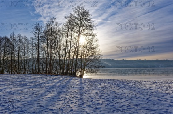 There is snow on the shore and the sun shines through the bare winter trees on Lake Werbellin in the UNESCO Schorfheide-Chorin Biosphere Reserve. Joachimsthal, Schorfheide, Brandenburg, Germany