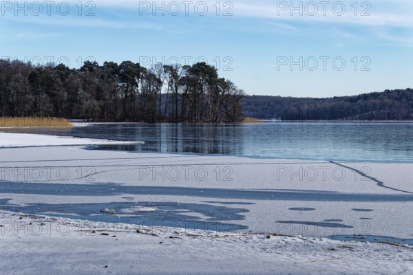 Snow on the shore and ice fields on Lake Werbellin in the UNESCO Schorfheide-Chorin Biosphere Reserve. Joachimsthal, Schorfheide, Brandenburg, Germany